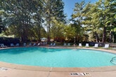 This outdoor aquatic amenity space offers a serene and inviting retreat set against a backdrop of tall, mature pine and deciduous trees that provide natural shade and a sense of privacy. The centerpiece is a generously sized, freeform swimming pool with clear turquoise water, accessible via stainless steel entry rails and marked with shallow-end depth indicators for safety. The pool is designated as a no-diving area, reinforcing its family-friendly design.

Surrounding the pool is a spacious concrete deck that accommodates a generous arrangement of lounge chairs and a shaded outdoor dining set complete with a patio umbrella, ideal for relaxing or socializing in the sun. The pool area is enclosed by a secure iron gate with controlled access, enhancing both safety and privacy for users.

A pool house structure anchors one side of the space, featuring a covered entrance with white columns, wall-mounted lighting, restroom access, and posted safety and pool rule signage. The building's neutral siding and pitched roofline blend harmoniously with the natural surroundings.

The entire area is enveloped by a lush tree line, creating a secluded, park-like atmosphere. On clear days, the open sky above floods the space with abundant natural light, making this outdoor facility a refreshing and well-equipped destination for leisure and recreation.