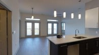 This single-floor space showcases a thoughtfully designed open-concept layout that seamlessly connects the kitchen and living areas. The kitchen features a dark-cabineted island with a crisp white countertop, an integrated sink, and a dishwasher, complemented by a series of cylindrical pendant lights that hang at varying heights above, adding a contemporary touch. The floors throughout are finished in a light hardwood-style material, contributing to a clean, modern aesthetic.

The living area is bathed in natural light, courtesy of two sets of glass French doors fitted with transom windows above, which open onto what appears to be a balcony with railings visible beyond. An additional side door provides further access and light. The soaring ceiling height amplifies the sense of spaciousness throughout, while a ceiling fan in the living area adds a practical element. The neutral white walls and light flooring create a bright, airy ambiance, making the space feel open and inviting. Pendant lighting is thoughtfully distributed across the open floor plan to ensure consistent illumination.