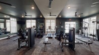 Located at 6132 Mallet Dr in Raleigh, NC, this single-floor fitness center is a comprehensively outfitted facility designed to support a wide range of workout routines. The space features a dark, sophisticated color palette with deep teal-green walls, dark ceilings with recessed lighting, and durable stone-finish flooring that gives the gym a polished, professional atmosphere.

The cardio section is anchored by a row of TRUE-brand treadmills, ellipticals, and upright bikes, all positioned beneath large windows fitted with white blinds that allow natural light to filter in. Ceiling fans are distributed throughout the space, ensuring comfortable airflow during workouts.

The strength training area includes multiple TRUE-brand selectorized weight machines, a cable crossover station, a flat weight bench, and a dumbbell rack with an extensive range of free weights. Full-length mirrors line the walls, enhancing the sense of space and allowing users to monitor their form.

A dedicated functional training zone features a TRUE Training Zone rig stocked with medicine balls, kettlebells, suspension trainers, and battle ropes, providing versatile options for high-intensity and functional fitness workouts. Stability balls and additional accessories are also visible in this area.

The facility is accessible via double French doors and is well-lit with a combination of recessed ceiling lights and natural window light, creating a bright and motivating training environment.