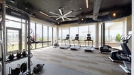 This fitness center is designed with both function and aesthetics in mind, offering a spacious, open layout that accommodates a comprehensive range of workout equipment. The space is defined by expansive floor-to-ceiling windows along one wall, flooding the interior with natural light and providing sweeping panoramic views of the surrounding skyline and landscape—an energizing backdrop for any workout.

The cardio zone features a row of treadmills, stationary bikes, and an elliptical trainer, all positioned to take full advantage of the views. A dedicated strength training area includes a multi-functional cable and rack system by Life Fitness, stocked with kettlebells, battle ropes, and various free weights. A rowing machine and additional functional fitness accessories round out the equipment offerings.

The ceiling draws immediate attention with its exposed dark industrial design, featuring visible ductwork, linear LED lighting strips, globe pendant fixtures, and a large statement ceiling fan that adds both airflow and visual impact. The flooring transitions between patterned carpet tiles in the cardio zone and rubber flooring in the strength area, providing practical surfaces suited to each activity. Glass doors open directly to an outdoor terrace, seamlessly connecting the interior space to the fresh air outside.