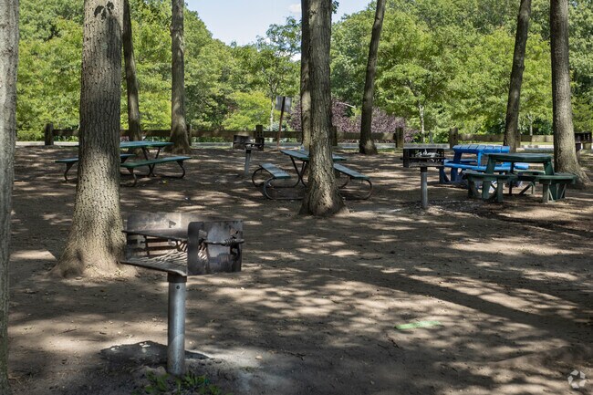 There are picnic benches and BBQ Grills in the Dix Hills Park in Dix Hills, NY.