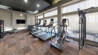 This modern fitness center is thoughtfully designed to support a comprehensive workout experience across a single level. The space is anchored by a cardio zone lined with large floor-to-ceiling windows, allowing abundant natural light to fill the room while offering views of the surrounding exterior. A row of treadmills, elliptical trainers, and stationary bikes from Life Fitness are arranged along the windowed wall, each unit equipped with individual display screens.

The strength training area is equally well-appointed, featuring a variety of cable and resistance machines suited for full-body conditioning. A dedicated free weights section includes a full rack of dumbbells spanning a wide weight range, alongside adjustable benches for versatile use. Stability balls and medicine balls are neatly stored on a wall-mounted rack, adding functional training options to the space.

The interior design features a dark, coffered ceiling with recessed lighting, rich patterned carpet flooring in warm earth tones, and accent walls finished in textured materials. Large mirrors are strategically placed to visually expand the space. Glass-panel doors connect the fitness center to an adjacent amenity area, visible in the background, which appears to include a billiards table and lounge seating, creating a seamless transition between active and social spaces.