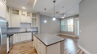 Located at 4310 W Spruce St in Tampa, FL, this well-appointed one-bedroom, one-bathroom unit offers a thoughtful layout across a single floor. The open-concept kitchen and living area serves as the heart of the home, featuring warm hardwood-style flooring, a large curved kitchen island with pendant lighting, and white shaker-style cabinetry that extends to the ceiling with glass-front upper cabinets. Stainless steel appliances — including a range, over-the-range microwave, refrigerator, and dishwasher — are complemented by a subway tile backsplash and dark countertops, lending the kitchen a clean, modern aesthetic. Natural light fills the living area through large windows and a glass-paneled door. The bedroom is finished with plush carpeting, a ceiling fan, and a window overlooking the outdoors. A dedicated walk-in closet outfitted with wrap-around wire shelving and hanging rods provides generous storage. The bathroom features tile flooring, a tub/shower combination with full tile surround, and a wide vanity with white cabinetry, dark countertop, and an oversized mirror. Neutral gray tones throughout create a cohesive and contemporary ambiance.