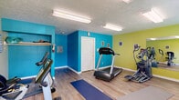 Located at 919 Lewis Creek Ln in Shelbyville, Indiana, this dedicated fitness center offers a well-equipped exercise space designed to support a range of workout routines. The room is instantly recognizable by its bold two-tone color scheme, with vivid teal and yellow-green accent walls that create an energetic and motivating atmosphere. Light wood-look flooring runs throughout, providing a clean and durable surface underfoot.

The space is outfitted with a variety of cardio equipment, including a treadmill, an elliptical trainer, and both upright and recumbent stationary bikes, giving users multiple options for cardiovascular exercise. A dedicated free weight station features a multi-tier dumbbell rack alongside kettlebells, catering to strength training needs. Yoga and stretching mats are available on the floor, and motivational posters and stretching guides are displayed on the walls for added guidance.

Natural light enters through double windows on one wall, supplemented by flush fluorescent ceiling fixtures that ensure bright, even illumination throughout. A large wall mirror enhances the sense of space and allows users to monitor their form during workouts. An exterior door provides convenient direct access. The textured ceiling and white trim complete the clean, functional aesthetic of this efficient community fitness facility.