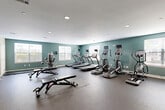 This fitness center in Chelsea, MA offers a comprehensive workout environment thoughtfully designed to accommodate a wide range of exercise needs. The space is finished with durable rubber flooring throughout, providing both safety and comfort during workouts. The walls are painted in a calming teal-green hue, creating an energizing yet focused atmosphere complemented by recessed lighting overhead.

The cardio zone is prominently featured along one side of the facility, lined with multiple SportsArt treadmills and elliptical machines, each equipped with individual monitors for an engaging workout experience. Multiple windows along the walls allow generous natural light to fill the space, enhancing the open and airy feel of the room.

The strength training area is equally well-appointed, featuring a full multi-station cable machine, a tiered dumbbell rack stocked with a wide range of free weights, and several adjustable workout benches positioned on protective mats. A large wall mirror in the strength section helps users maintain proper form during exercises.

Additional equipment, including a stair climber and cable cross-over stations, rounds out the facility's offerings. The room benefits from a clean, uncluttered layout that allows for comfortable movement between stations. A fire safety system is installed in the ceiling, and clearly marked exit doors ensure safe access throughout this well-maintained fitness facility.