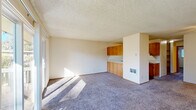 This single-floor, one-bedroom, one-bathroom residence delivers a practical and comfortable layout across a well-utilized footprint. The open-plan living and dining area is anchored by plush carpeting, a ceiling fan, and a sliding glass door that floods the space with natural light while providing direct access to a private balcony. From the balcony, residents enjoy sunny, open views of a landscaped courtyard complete with a swimming pool and mature trees.

The kitchen features warm wood-toned cabinetry, white countertops, a stainless steel sink, and wood-look flooring. It is equipped with a coil-burner range and dishwasher, with generous upper and lower cabinet storage throughout.

The bedroom is a comfortable, well-proportioned room with carpet flooring, a window overlooking greenery, and two closets offering substantial storage capacity. A hallway closet with built-in shelving provides additional organizational space.

The bathroom is clean and functional, featuring a full tiled tub-and-shower combination, wood-toned vanity cabinetry, a lighted mirror, and wood-look flooring. Textured ceilings are present throughout the residence. Three total closets across the unit ensure ample storage, making this a highly practical and livable space.