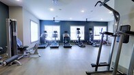 This fitness center is thoughtfully designed to support a well-rounded workout routine. The space is anchored by a row of cardio machines, including treadmills, ellipticals, and a stair climber, each equipped with individual screens for entertainment during workouts. A cable/pull-up station is positioned toward the front of the room, offering additional strength training options. The flooring consists of light hardwood-style material that lends a clean and modern aesthetic while remaining practical underfoot. The walls are painted in a deep navy blue, creating a focused and energetic atmosphere that contrasts with the bright white trim and window treatments throughout. Multiple large windows with horizontal blinds line the walls, flooding the space with natural light and contributing to an open, airy feel. Recessed ceiling lights and ceiling fans ensure comfortable, well-lit conditions regardless of the time of day. The layout provides generous space between machines, allowing for comfortable movement and safe use of all equipment.