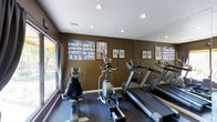 This fitness center is a purposefully designed workout space that provides everything needed for an effective cardio and exercise routine. The room features dark, rich brown walls that create a focused and energizing atmosphere, complemented by a clean white ceiling with recessed lighting that ensures bright, even illumination throughout the space. A large mirror spans one wall, visually expanding the room and allowing users to monitor their form during workouts. Natural light filters in through a window dressed with curtains, adding a welcoming brightness to the environment. The flooring is a dark hardwood-style surface, offering both durability and a sleek aesthetic. The space is equipped with a treadmill, an elliptical trainer, and a stationary recumbent bike, providing a variety of cardiovascular workout options to suit different fitness levels and preferences. Instructional fitness posters, including stretching guides and exercise charts, are displayed on the walls, offering helpful references for users during their sessions. The overall layout is efficient and well-organized, making good use of the available space while maintaining clear pathways between equipment. This fitness center is an ideal amenity for those seeking a convenient and fully functional space to maintain an active lifestyle.