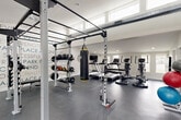 The fitness center at Park Place at 92nd, located in Westminster, Colorado, is a thoughtfully designed exercise facility that offers a comprehensive workout experience within a single open-plan floor. The space is characterized by soaring vaulted ceilings and a row of clerestory windows that flood the room with natural light, creating a bright and energizing atmosphere. Durable rubber flooring in a charcoal tone covers the entire space, providing a practical and professional surface for all types of training.

The facility is divided into distinct workout zones. A dedicated strength and functional training area features a multi-purpose power rack equipped with an Everlast heavy punching bag, a medicine ball rack, kettlebells, and a full dumbbell rack with bench. Adjacent to this zone, a cardio section lines the perimeter with multiple treadmills and elliptical machines, several of which are equipped with individual monitors. Stability balls add versatility for core training.

A striking motivational typographic mural covers one wall, prominently featuring the Park Place at 92nd branding alongside words like "Strength," "Commitment," and "Goals." The space also includes restroom access, wall-mounted artwork, and a large mirror that enhances the sense of depth and openness throughout the room.