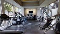 This single-floor fitness center offers a thoughtfully designed workout environment tailored to support a full range of exercise routines. The space features a coffered ceiling with recessed lighting and an elegant tray detail finished in a warm tone, lending the room a polished, upscale aesthetic that sets it apart from a standard gym.

Large windows line the perimeter, flooding the interior with natural light and offering views of the surrounding greenery, creating an open and energizing atmosphere. The flooring consists of durable, checkered dark-toned gym tiles that provide comfort and traction underfoot.

The cardio zone is well-appointed with a row of elliptical trainers and treadmills, including Matrix-branded equipment, positioned along the windowed wall. Opposite, a multi-station strength training machine provides options for a variety of resistance exercises. The free weights area includes a full dumbbell rack alongside an adjustable bench, accommodating users of varying fitness levels.

A dedicated flexibility and functional training area features multiple stability and medicine balls arranged along the back wall beneath a wall-mounted flat-screen television, ideal for guided workouts or entertainment during exercise. The overall layout is organized and spacious, ensuring a comfortable and efficient fitness experience.