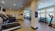This single-floor fitness center in Germantown, Tennessee, is thoughtfully designed to accommodate a comprehensive workout experience. The space is divided into distinct functional zones, each outfitted with dedicated equipment to support a variety of exercise routines.

The cardio area features a row of treadmills lined along one wall, each paired with wall-mounted flat-screen televisions for entertainment during workouts. A water bottle refill station and drinking fountain are conveniently positioned nearby. The flooring throughout consists of durable, resilient material suited for high-traffic fitness use.

The strength training section houses a multi-functional cable machine and an adjustable weight bench, complemented by a full rack of dumbbells ranging across multiple weight increments. Floor-to-ceiling mirrors amplify the sense of space and allow users to monitor their form during exercises. Large windows with slatted blinds line the walls, inviting natural light and offering views of the surrounding greenery.

A designated stretching and functional training area features exercise balls and a padded mat, providing space for flexibility work and bodyweight training. Recessed lighting throughout ensures consistent illumination across all zones. A clearly posted fitness center rules board is prominently displayed near the entrance, and the space is accessed through a substantial wooden door with transom windows above.