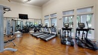 Located at 455 Seven Farms Dr on Daniel Island in Charleston, SC, this well-appointed fitness center offers a comprehensive workout environment within a single-floor layout. The space is characterized by soaring ceilings with elegant crown molding, warm hardwood flooring, and an abundance of natural light streaming through large windows and glass doors that frame views of the lush surrounding landscape.

The cardio zone features a row of treadmills and elliptical machines from TRUE Fitness, as well as stationary and spin bikes, all positioned to take advantage of the outdoor views. A full wall of mirrors visually expands the space and supports proper form during exercise. Mounted flat-screen televisions provide entertainment throughout.

The strength training area is equally well-equipped, offering a cable machine, a comprehensive dumbbell rack, adjustable benches, and a variety of resistance and functional training accessories. A dedicated functional fitness zone houses stability balls, medicine balls, resistance bands, and suspension trainers, catering to diverse training styles and fitness goals.

The overall ambiance is clean and welcoming, with neutral tones, crisp white walls, and thoughtful organization throughout. This fitness center provides a complete and professional-grade training environment suited for a wide range of users and exercise routines.
