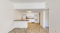 This single-floor unit is designed with a clean, functional layout that maximizes the available living space. The kitchen serves as a central feature, outfitted with white shaker-style cabinetry extending to the ceiling for ample storage. Granite-style countertops run along the full workspace, and white appliances — including a refrigerator, electric range, dishwasher, and over-the-range microwave — provide a complete suite. A peninsula with a matching countertop extends into the open living area, creating a natural division between the kitchen and the main living space. Wood-look plank flooring runs throughout the kitchen and living areas, lending a cohesive and easy-to-maintain surface. The living area is bright and open, with a window unit providing climate control and a window that allows natural light to fill the room. The bedroom is carpeted, features a ceiling fan with lighting, and includes a closet with built-in wire shelving behind louvered doors. The bathroom is straightforward, featuring a single vanity, toilet, and a shower-tub combination with a curtain rod. Textured ceilings appear throughout the unit.