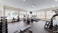 This fitness center is thoughtfully designed to support a full range of workout routines within a single-floor layout. The main cardio area is bathed in natural light from a generous array of large windows that overlook the surrounding exterior, creating an open and energizing atmosphere. The space houses multiple treadmills, elliptical trainers, and a stationary recumbent bike, all arranged to maximize floor space and sightlines to a wall-mounted television. Crown molding and neutral warm-toned walls lend a polished, refined aesthetic throughout.

Adjacent to the cardio zone, a strength training area features a multi-station cable machine, a weight bench, and a full dumbbell rack, providing versatile options for resistance workouts. French doors with glass panels connect the areas seamlessly, enhancing the sense of openness. A dedicated studio room offers a more intimate setting for flexibility and balance training, equipped with a rack of exercise balls in varying sizes, light dumbbells, a step platform, and its own wall-mounted display screen.

Durable rubber flooring throughout provides both safety and comfort underfoot. Recessed and linear LED lighting supplements the abundant natural light, ensuring the space remains well-lit at all hours. The overall design balances functionality with an upscale finish, making it a comprehensive and welcoming fitness destination.