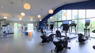 This contemporary fitness center offers a thoughtfully designed workout environment that balances functionality with modern aesthetics. The space is anchored by a striking accent wall painted in bold cobalt blue, which contrasts elegantly against the crisp white ceiling and light-toned flooring throughout. A row of floor-to-ceiling windows lines one wall, flooding the space with abundant natural light and offering refreshing views of the surrounding greenery — creating an energizing atmosphere for exercise. Overhead, a series of spherical globe pendant lights are suspended at varying heights, providing warm, diffused illumination that complements the recessed ceiling lighting. The cardio section is well-appointed with a lineup of treadmills and upright and recumbent stationary bikes, each equipped with individual display screens. Toward the rear of the facility, a dedicated strength training area features a variety of resistance machines and free weight equipment. The open layout allows for easy movement between zones, ensuring a comfortable and efficient workout experience. The polished concrete-style flooring is durable and easy to maintain, while the overall design creates a clean, professional environment suitable for a wide range of fitness activities.