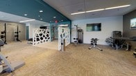 This fitness center is thoughtfully designed to accommodate a wide range of workout routines across multiple distinct zones. The main area features an open layout with patterned carpet tile flooring and a drop ceiling with recessed and linear lighting, creating a clean, professional atmosphere. A bold teal accent wall frames the entrance and adds a striking visual element, complemented by decorative white lattice-style partitions that divide the space while maintaining an open, airy feel.

The cardio zone is well-appointed with multiple modern treadmills equipped with individual digital displays, as well as a rowing machine, all positioned along large floor-to-ceiling windows that invite abundant natural light and offer views of surrounding greenery. A wall-mounted flat-screen TV provides entertainment during workouts.

The strength training area houses a Precor functional training system with an extensive cable and attachment setup, along with a back extension bench and additional resistance machines. A dedicated free weights section with a dumbbell rack rounds out the strength offerings.

The facility maintains a modern and motivating ambiance throughout, with sports-themed artwork displayed on the walls. The layout efficiently supports both individual and simultaneous multi-user workouts, making it a versatile and fully functional fitness space.