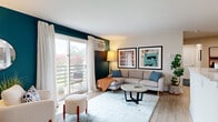 This 1-bedroom, 1-bathroom residence in Newark, Delaware offers a thoughtfully designed single-floor layout that maximizes every square foot. The open living area is a standout, featuring light wood-style flooring, a bold teal accent wall, and a sliding glass door that floods the space with natural light while providing direct access to a private balcony with outdoor views. The kitchen is efficiently arranged with warm wood-tone cabinetry, white countertops, a gas range, and a peninsula that separates it from the combined dining area, creating an open and functional flow. Recessed lighting enhances the kitchen's clean, modern aesthetic. The bedroom offers a calm and restful retreat, highlighted by a soft sage green accent wall, plush carpeting, and ample room for a full-sized bed and furnishings. The bathroom is clean and compact, featuring a walk-in shower stall, a wall-mounted storage cabinet, and a crisp white finish throughout. A connecting hallway ties the rooms together efficiently. Overall, the residence balances practical functionality with modern design touches, making it a comfortable and visually appealing home in a residential Newark setting.