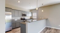 This three-story home offers a thoughtfully designed interior with contemporary finishes throughout. The kitchen serves as a central highlight, featuring gray shaker-style cabinetry, granite countertops, and a full suite of stainless steel appliances, including a range, microwave, and refrigerator. A peninsula with a matching granite surface provides additional prep space and casual seating, while pendant lighting overhead adds a polished touch. Wood-look flooring runs through the kitchen and connecting areas, lending warmth and durability. A dedicated walk-in pantry offers generous built-in shelving for storage.

The bedrooms are carpeted and bathed in natural light through windowed walls, presenting a calm, neutral palette suited to a variety of uses. Walk-in closet space is available, featuring wrap-around shelving for organized storage.

The bathrooms are well-finished, with one featuring a framed glass walk-in shower clad in large-format tile, a blue vanity with granite countertop, and tile flooring. A half bath with granite counters and wood-look flooring serves as a practical secondary option. Hallways connect the floors via carpeted stairs, with clean white paneled doors throughout reinforcing the home's cohesive, modern aesthetic.