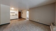 Located at 400 Second Ave in Des Moines, Iowa, this single-floor unit offers a straightforward, functional layout designed for comfortable everyday living. The open-concept living area serves as the central hub of the space, featuring neutral beige walls, wall-to-wall carpeting, and a textured ceiling. The area flows directly into the kitchen, which is finished with wood-look vinyl flooring, white cabinetry, speckled granite-style countertops, a double stainless steel sink with a modern pull-down faucet, and a white electric range. Ample upper and lower cabinet storage provides practical utility throughout the kitchen.

A separate bedroom offers a quiet retreat with generous carpeted floor space, neutral walls, and a window that frames views of surrounding greenery, allowing natural light to fill the room. A wall-mounted HVAC unit provides climate control directly within the space.

The bathroom is cleanly appointed with wood-look vinyl flooring, a white vanity with a speckled countertop, a toilet, and a full tub and shower combination with a curved curtain rod and grab bar. The overall palette throughout the unit is light and neutral, contributing to a clean, move-in-ready ambiance.
