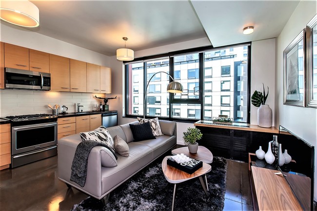 Modern living room with a view in a San Francisco apartment with the kitchen in the background. - Olume