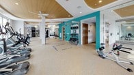 This fitness center offers a comprehensive workout environment thoughtfully designed with both aesthetics and functionality in mind. The space is anchored by a distinctive tiered ceiling featuring warm wood paneling and recessed lighting, complemented by ceiling fans and stylish pendant lights that create an inviting atmosphere throughout.

The cardio zone lines one side of the floor, housing a full row of ellipticals, stair climbers, treadmills, and a rowing machine. A dedicated alcove with floor-to-ceiling windows floods this area with natural light and provides open views of the surrounding neighborhood, making for an energizing workout setting.

The strength training area is equally well-appointed, featuring multiple power racks, a full dumbbell rack, adjustable benches, and cable machines. Floor-to-ceiling mirrors expand the sense of space and allow for proper form monitoring, while wall-mounted flat-screen TVs provide entertainment throughout.

A functional training zone is defined by a bold teal accent wall and includes a wall-mounted storage system stocked with kettlebells and medicine balls, as well as TRX suspension trainers and resistance equipment. Near the entrance, built-in cabinetry provides towel service and a water station for added convenience. Durable speckled flooring ties the entire space together, offering both safety and easy maintenance.