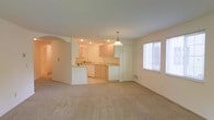 This single-floor space presents an open-concept layout that seamlessly connects the kitchen and living area, creating a sense of spaciousness and ease of movement. The kitchen is defined by light wood cabinetry, a clean countertop with ample workspace, and built-in appliances including a dishwasher. A peninsula serves as a natural dividing element between the kitchen and the adjoining living space, offering additional counter space and a casual gathering point. A pendant light hangs above the kitchen area, providing focused task lighting, while recessed ceiling lights contribute to an evenly lit environment. A tall pantry or utility cabinet sits adjacent to the kitchen, offering generous storage. The transition between areas is marked by a softly arched opening, lending a subtle architectural detail to the otherwise clean-lined interior. The living area is finished with wall-to-wall carpeting in a warm neutral tone, contributing to a comfortable and cohesive atmosphere. A window fitted with blinds allows natural light to fill the space while maintaining privacy. The overall palette of whites and warm beiges gives the space a bright, calm, and inviting character.