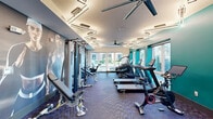 Located at 357 E 500 S in Salt Lake City, Utah, this well-appointed fitness center delivers a comprehensive workout environment within a single, open-plan floor. The space is thoughtfully designed with a bold, energizing aesthetic — vivid teal accent walls are paired with large-scale athletic murals that set a motivating tone throughout. Large windows line the perimeter, flooding the room with natural light and offering views of the surrounding outdoor greenery. The ceiling features a striking arrangement of geometric ring-shaped LED fixtures alongside oversized ceiling fans, ensuring both visual impact and air circulation. Flooring throughout consists of durable, patterned carpet tile in deep blue-grey tones. The cardio zone is well-stocked with TRUE-brand treadmills, elliptical machines, stair climbers, and stationary cycling bikes. A dedicated strength area includes a multi-function cable machine, adjustable weight bench, and a full dumbbell rack. A functional training zone near the rear houses stability balls, resistance equipment, and a storage rack, complemented by a potted fiddle-leaf fig for a touch of greenery. A water fountain station and posted guidelines near the entrance round out the practical amenities of this sleek, fully equipped fitness facility.