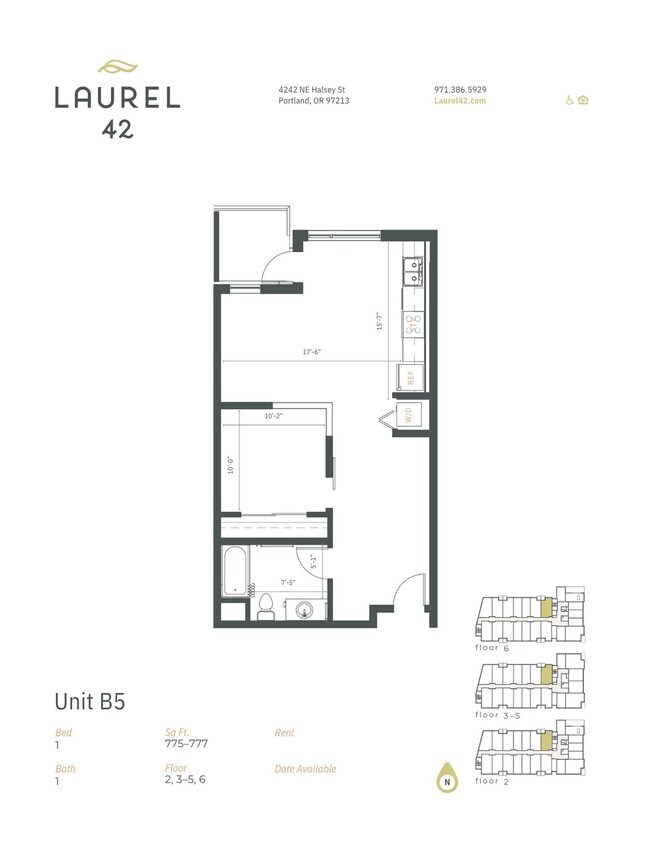 1 dormitorio, 1 baño, de 775 a 777 pies cuadrados. B5 Laurel42_MarketingFloorPlans_B5.pdf - Laurel 42