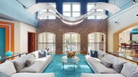 Located at 3311 Woodhill Ln in Fayetteville, NC, this single-floor clubhouse is a boldly designed community space that masterfully blends industrial character with contemporary style. The centerpiece is a dramatic grand lounge featuring soaring ceilings painted in deep navy blue, exposed red brick walls with sweeping arched openings, and a striking sculptural wave ceiling installation that commands attention. Plush sectional sofas surround a glass coffee table atop a vivid teal rug, creating an inviting gathering area bathed in natural light from large upper-story windows overlooking an outdoor pool.

Warm hardwood floors extend throughout, connecting each area seamlessly. The kitchen and bar feature a curved, richly stained wraparound counter with bar seating, a mosaic tile backsplash, stainless steel appliances, and a bold teal ceiling — ideal for social events and casual dining. Adjacent to the main lounge, a high-top bistro seating area and glass-walled conference room offer flexible spaces for both informal meetups and formal gatherings. The conference room is appointed with a long white table, leather executive chairs, and contemporary artwork.

Additional lounge areas display vibrant pop-art wall displays, teal accent walls framed in warm orange, track lighting, and lush indoor greenery, contributing to the space's energetic yet welcoming ambiance throughout.