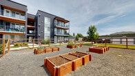 Located at 16708 E Broadway Ave in Spokane Valley, Washington, this outdoor community garden space offers a well-organized and functional gardening area for residents. The garden is laid out on a gravel surface and features a collection of numbered, raised wooden planter beds arranged in a structured grid pattern. Each raised bed is constructed from sturdy cedar-toned lumber and is equipped with individual water access points, making gardening convenient and accessible. The beds support a variety of plantings, from vegetables to flowering plants, with trellises and garden supports in some plots to accommodate climbing plants. The entire garden area is enclosed by a warm-toned wooden fence with a gated entry, providing a defined and secure boundary. The space is set against the backdrop of a contemporary multi-story building characterized by dark vertical siding, large windows, and private balconies with metal railings and warm wood accents on the overhangs. Landscaped green lawn areas and young trees border the garden, enhancing the outdoor environment. The open-sky setting allows for ample natural sunlight throughout the day, making it well-suited for active growing. This community garden serves as a practical and engaging outdoor amenity, encouraging green living and community interaction in Spokane Valley.