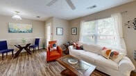 This single-floor, 2-bedroom, 2-bathroom home offers a thoughtfully organized layout that maximizes comfort and functionality. The welcoming entrance flows into a bright and open living room featuring durable hardwood-style flooring, a ceiling fan, and large windows with blinds that invite abundant natural light. The space connects seamlessly to a dining area, making it ideal for both relaxing and entertaining.

The kitchen is equipped with ample upper and lower cabinetry featuring wood-trimmed white doors, generous gray countertop workspace, and a full suite of appliances, including a range. A breakfast bar area adds additional utility to the kitchen layout.

Both bedrooms are carpeted and comfortably sized, with windows offering natural light. The primary bedroom includes its own closet and easy access to one of the two full bathrooms. The second bedroom also features a dedicated closet. Each bathroom includes a vanity with gray countertops, wood-trimmed cabinetry, and a shower-tub combination.

Completing the layout are a hallway, two closets for additional storage, and a dedicated laundry area. The neutral warm-toned walls throughout the home create a cohesive and inviting ambiance, making this an efficient and comfortable living space.