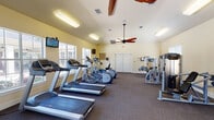 This fitness center is a comprehensively equipped single-floor facility designed to support a wide range of workout routines. The space is organized into distinct workout zones, allowing for efficient use of the floor area. Neutral-toned walls and carpet flooring contribute to a clean, focused atmosphere throughout.

The cardio zone is anchored by multiple treadmills and elliptical machines, positioned along a wall of large windows that provide views of an outdoor pool area, allowing natural light to fill the space and create an open, airy feel. Wall-mounted televisions are positioned nearby for entertainment during cardio sessions.

The strength training area features a selection of selectorized cable and weight machines, including a multi-function cable station and Precor-branded equipment. A dedicated free weights section offers a full rack of dumbbells, an adjustable bench, and floor mats, accompanied by a large wall mirror that visually expands the space.

Overhead, a ceiling fan with wooden blades aids air circulation, complemented by fluorescent flush-mount lighting for consistent brightness. A glass-paneled entry door with a transom window introduces additional natural light. The facility also includes storage space behind a set of interior doors, and informational boards are mounted on the walls for user reference.