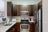 This 1-bedroom, 1-bathroom residence is designed with both function and style in mind, offering a comfortable single-floor layout with well-defined living spaces. The open-concept kitchen and living area serves as the heart of the home, featuring a kitchen outfitted with rich dark wood cabinetry, granite countertops, a subway tile backsplash, stainless steel appliances including a gas range, built-in microwave, dishwasher, and refrigerator, and light wood-style flooring that adds warmth to the space. The living room is bright and inviting, highlighted by a pair of dramatic arched windows that flood the room with natural light and provide views of the surrounding greenery. Neutral tones and plush carpeting throughout the living and sleeping areas create a calm, cohesive ambiance. The bedroom is a comfortable retreat, featuring multiple windows with sheer curtains, soft carpeting, and ample natural light. A dedicated closet provides convenient storage. The bathroom is finished with granite countertops, a wood-toned vanity with a large mirror, and a full shower-tub combination. Clean lines, neutral walls, and consistent finishes tie the entire residence together into a cohesive, move-in-ready living space.