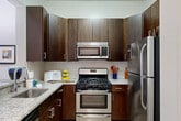 This 1-bedroom, 1-bathroom residence is designed with both function and style in mind, offering a comfortable single-floor layout with well-defined living spaces. The open-concept kitchen and living area serves as the heart of the home, featuring a kitchen outfitted with rich dark wood cabinetry, granite countertops, a subway tile backsplash, stainless steel appliances including a gas range, built-in microwave, dishwasher, and refrigerator, and light wood-style flooring that adds warmth to the space. The living room is bright and inviting, highlighted by a pair of dramatic arched windows that flood the room with natural light and provide views of the surrounding greenery. Neutral tones and plush carpeting throughout the living and sleeping areas create a calm, cohesive ambiance. The bedroom is a comfortable retreat, featuring multiple windows with sheer curtains, soft carpeting, and ample natural light. A dedicated closet provides convenient storage. The bathroom is finished with granite countertops, a wood-toned vanity with a large mirror, and a full shower-tub combination. Clean lines, neutral walls, and consistent finishes tie the entire residence together into a cohesive, move-in-ready living space.