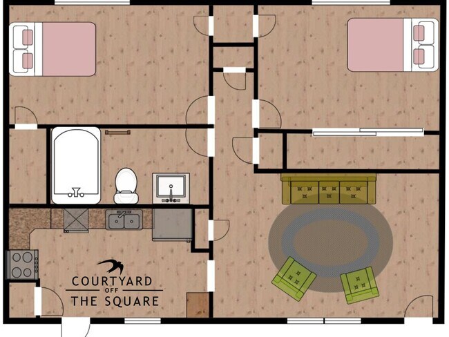 Plano de planta con patio lateral - Courtyard Off the Square Apartments
