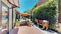 Located in the heart of downtown San Luis Obispo on Higuera Street, this two-story mixed-use commercial courtyard is a dynamic gathering destination that blends modern architecture with an inviting outdoor atmosphere. The complex features a striking combination of warm wood-panel cladding, floor-to-ceiling glass storefronts, and ivy-covered walls that lend a verdant, organic character to the built environment. A brick-paved pedestrian walkway runs through the center of the courtyard, lined with mature shade trees and landscape plantings that create a welcoming, park-like setting. Multiple tenants occupy the ground level, including Calipaso Winery Bar & Grill, identifiable by its sage-green corrugated metal facade and large glass entry doors, and Good Land BBQ, which offers outdoor deck seating along the corridor. The open-air courtyard is furnished with a variety of seating options, including picnic tables, benches, colorful bistro-style tables with umbrellas, and decorative sculptural elements such as a life-size bull statue. String lights are strung overhead throughout the courtyard, enhancing the ambiance during evening hours. A lush vertical green wall anchors one section of the complex, adding a bold natural feature to the modern facade. The property also includes available commercial lease space, making it a versatile destination for businesses seeking a high-visibility location in a well-trafficked pedestrian environment.