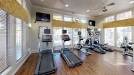 This fitness center is a comprehensively outfitted single-level facility designed to support a full range of workout routines. The space is finished with rich hardwood-style flooring throughout, lending a polished, welcoming aesthetic that sets it apart from a typical gym environment. Crown molding and recessed lighting complement the clean, neutral wall tones, contributing to a bright and well-maintained atmosphere.

The cardio zone is positioned along the windowed wall and features multiple treadmills, elliptical trainers, and a stationary bike, each equipped with individual console screens for entertainment during workouts. Large windows with decorative valances line the perimeter, flooding the space with natural light and offering views of the surrounding outdoor area, including what appears to be a covered patio and landscaped grounds.

Multiple wall-mounted flat-screen televisions are positioned throughout for convenient viewing from various workout stations. The strength training area includes a selection of cable and weight machines arranged to allow comfortable movement between equipment. Full-length mirrors expand the visual scale of the space and assist users with form. A dedicated entryway with sanitation dispensers and a touchless waste bin provides convenient hygiene access, with a glass door opening directly to the exterior.