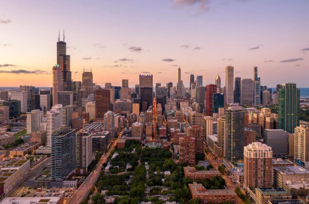 Aerial view of Downtown Chicago at dusk