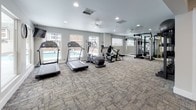 The Woodland Trails Gym is a single-level fitness facility designed to support a comprehensive workout experience. The space is laid out across two connected zones, providing ample room to accommodate a diverse range of exercise equipment without feeling crowded.

The main cardio area features multiple treadmills, elliptical trainers, and stationary bikes arranged to take full advantage of the natural light streaming in through several large windows. These windows offer views of the outdoor pool area, creating an energizing atmosphere during workouts. Recessed lighting and ceiling fans supplement the natural light, maintaining a comfortable environment throughout the space.

The strength training section includes a multi-functional cable machine, a dedicated free weights area with a full rack of dumbbells and medicine balls, and additional resistance equipment. Floor-to-ceiling mirrors in this zone enhance the sense of space and allow users to monitor their form. A mounted television is positioned within view of the cardio machines.

Textured, patterned carpet tiles cover the floors throughout, providing both durability and a polished aesthetic. A built-in dual water fountain and bottle-filling station is conveniently recessed into the wall, offering accessible hydration for all users. The overall design is clean and functional, with neutral gray walls and white trim contributing to a modern, inviting ambiance.