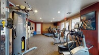 This single-floor fitness center is thoughtfully designed to provide a complete workout experience in a welcoming environment. The space features a warm color palette of deep red accent walls paired with earthy tan tones, creating an energizing atmosphere throughout. Recessed lighting illuminates the patterned carpet flooring, while large windows along one wall invite generous natural light and offer views of the surrounding exterior.

The cardio section is well-appointed with multiple True-brand treadmills, elliptical machines, and a stair stepper, arranged to maximize use of the space. On the strength training side, the facility includes a multi-station cable machine, a dedicated free weight area with a full rack of dumbbells, and additional resistance equipment — accommodating a wide range of fitness routines.

Floor-to-ceiling mirrors along one wall visually expand the space and assist with form during workouts. A wall-mounted flat-screen television provides entertainment during cardio sessions. The facility also includes a dedicated stretching and open floor area, offering versatility for various exercise styles. Informational postings and framed artwork add a finishing touch, while a sliding glass door provides easy access to adjacent areas of the building.