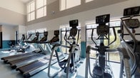 This fitness center offers a spacious, single-level layout designed to support a comprehensive workout experience. The room is defined by its notably high ceilings and large windows positioned along multiple walls, filling the space with abundant natural light and providing outdoor views of surrounding greenery. A two-tone color scheme — warm neutral walls above a teal wainscoting — gives the interior a clean, polished aesthetic, while the light blue rubberized flooring adds both visual continuity and practical cushioning underfoot.

The cardio zone is prominently featured along one side of the room, lined with a full row of Matrix treadmills, ellipticals, and upright and recumbent stationary bikes, each equipped with individual digital displays. Opposite the cardio equipment, a dedicated strength training area houses multiple Matrix selectorized machines, including cable and resistance stations, accompanied by a dumbbell rack visible in the mirror-lined section of the space. Large mirrors along the walls enhance the sense of depth and openness throughout.

A standout feature is the Freedom Climber vertical climbing wall, a unique addition that sets this fitness center apart. Glass doors at one end of the room open to an outdoor area, further connecting the space to its surroundings. A ceiling fan and wall-mounted television round out the amenities, contributing to an energizing and functional environment.