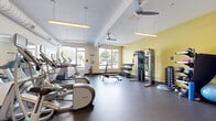 Located at 900 Luxor Lane in Norristown, PA, this fitness center at Invigorate offers a comprehensive workout facility designed to support a wide range of exercise routines. The single-floor space is thoughtfully laid out to maximize functionality and ease of movement throughout.

The gym features a robust selection of cardio equipment, including Precor ellipticals, treadmills, and stationary bikes, all positioned along a wall of floor-to-ceiling mirrors that amplify the sense of space and allow users to monitor their form. Large windows along the perimeter flood the room with natural light while offering views of the surrounding outdoor area, creating an energizing atmosphere.

Ceiling fans and pendant lighting are suspended from the elevated ceiling, ensuring comfortable airflow and consistent illumination throughout the space. The durable rubber flooring provides both safety and stability during workouts.

The strength and functional training area includes a cable machine, a full rack of dumbbells, medicine balls, resistance bands, and stability accessories neatly organized on dedicated shelving. A mounted flat-screen television adds a convenient entertainment option. A vending machine is also on-site for post-workout refreshment. The combination of natural light, mirrored walls, and a diverse array of well-maintained equipment makes this fitness center a practical and inviting space for residents.