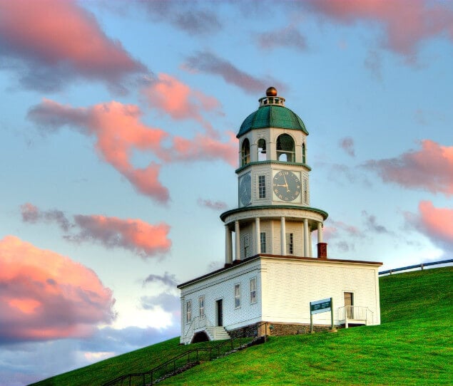 Halifax’s clock tower with cotton candy skies.