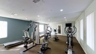 This single-level fitness center offers a practical and functional workout space designed to support a range of exercise routines. The room is outfitted with an assortment of equipment, including a multi-station strength training machine, a stationary upright bike, an elliptical trainer, and a cable-based weight system, providing options for both cardiovascular and resistance training. A wall-mounted flat-screen television adds convenience for those looking to stay entertained during workouts. The flooring features dark, durable carpet suited for gym use, while the walls are painted in a calming teal-green tone that contributes to an energizing yet comfortable atmosphere. Large floor-to-ceiling mirrors line one wall, visually expanding the space and allowing users to monitor their form during exercise. Recessed lighting throughout the ceiling ensures the room is well-lit, and a window near the back allows for some natural light. A textured white ceiling with a centrally placed ventilation grille supports adequate air circulation, keeping the environment comfortable during use.