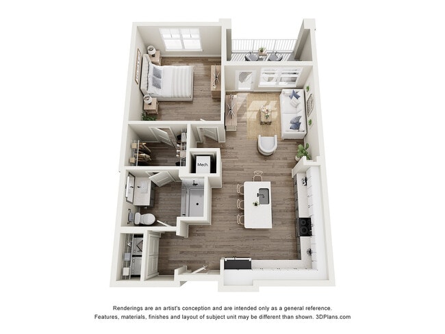 The Douro, 1/1, 915 SF | Modern 3D floor plan showcasing a spacious one-bedroom apartment with an open-plan kitchen, cozy living area, and private balcony. - Integra Avalon