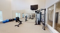This well-appointed home fitness room is designed to support a complete workout regimen in a bright, open environment. The space is immediately distinguished by its dramatically high ceilings, which rise to double-height proportions and are lined with clerestory windows near the top, allowing abundant natural light to flood the room alongside additional illumination from recessed ceiling fixtures. Large lower windows along one wall further enhance the airy, open feel of the space.

A full-width wall mirror spans one side of the room, visually expanding the area and providing functional feedback during exercise. The light-toned, cushioned flooring offers a resilient surface suitable for a wide range of activities. Interior pass-through windows connect the fitness room to adjacent spaces, maintaining a sense of openness and visual continuity throughout.

Equipment is thoughtfully arranged throughout the room and includes a multi-functional cable machine, an adjustable weight bench, a treadmill, an elliptical trainer, a stationary bike, and a rowing machine. Stability balls and weight plates are neatly stored along one wall. A wall-mounted flat-screen television is positioned for easy viewing during workouts. The overall ambiance is clean, modern, and purpose-built for serious fitness use.