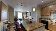 This single-floor space showcases an open-concept layout that connects the kitchen, dining, and living areas into one cohesive, flowing environment. The kitchen features a substantial granite-topped breakfast bar with seating, warm wood cabinetry, and dark appliances. Overhead, a track lighting system runs across the textured ceiling, complemented by two elegant teardrop pendant lights that hang above the bar, adding a decorative focal point to the space.

The transition from kitchen to living area is seamless, with hardwood-style flooring running throughout. The living area benefits from a large window dressed in gold-toned curtains, allowing natural light to fill the room. A bold navy accent wall provides a strong visual contrast to the neutral surrounding walls, adding depth and character to the space.

The layout accommodates both a dining area and a comfortable seating arrangement, making the space well-suited for both everyday living and entertaining. A louvered closet door near the kitchen adds functional storage while maintaining the clean aesthetic of the interior. Overall, the space balances warm tones, modern lighting, and thoughtful design elements.