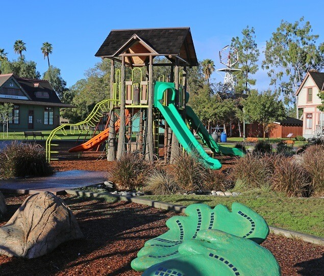 Grape Day Park, the oldest park in the city, includes historic buildings and a playground