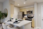 Located at 5290 Duke St in Alexandria, VA, this well-appointed residence offers a smart, efficient layout that maximizes every square foot. The open-concept living and dining area is anchored by a stylish kitchen featuring light wood cabinetry, stainless steel appliances, sleek tile flooring, and a peninsula with bar seating and a single-basin sink — ideal for casual dining or entertaining. The living area is finished with plush carpeting, neutral tones, and large windows that invite ample natural light, complemented by a fireplace that adds warmth and character. A door from the living area provides direct access to a private balcony. The bedroom is a serene retreat with soft carpet, generous natural light from a sizable window, and direct access to a well-designed bathroom featuring wood-tone cabinetry, a white quartz countertop, and wood-look tile flooring. Two closets offer organized storage with built-in shelving systems. The unit also includes dedicated in-unit laundry and two hallways that connect the spaces efficiently. With three bathrooms in total, the layout is as functional as it is comfortable, presenting a refined living experience in a neutral, modern palette throughout.