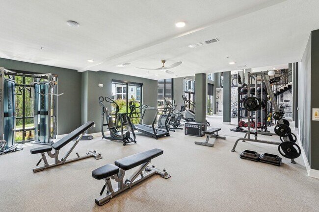Gimnasio de dos pisos con equipos cardiovasculares, de resistencia y pesas libres - Tropia Luxury Apartments